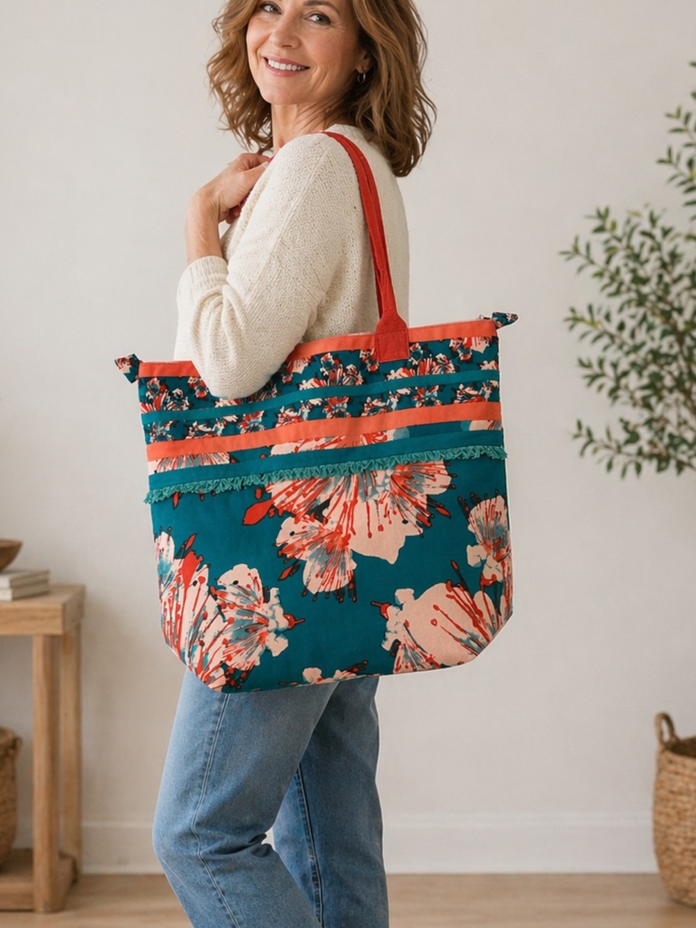 Canvas Tote Bag Teal and Coral Floral Zipper closure Lined NNT